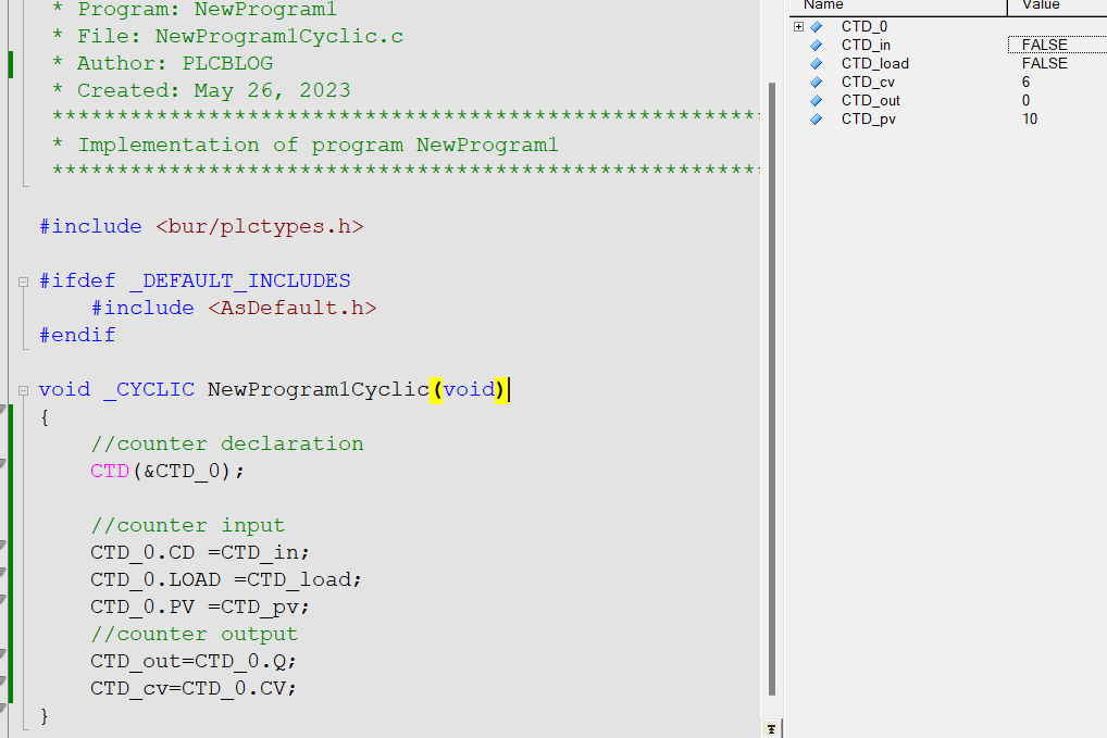 B&R Automation Studio Downward counter CTD Counter Instruction In ANSI C